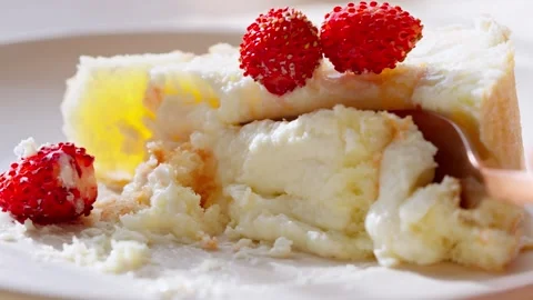 Tender sponge cake with cream and fresh wild strawberries Stock Footage 344571435