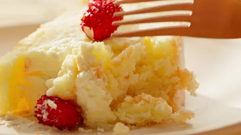 Tender sponge cake with cream and fresh wild strawberries Stock Footage 344571440
