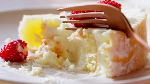 Tender sponge cake with cream and fresh wild strawberries Stock Footage 344571589