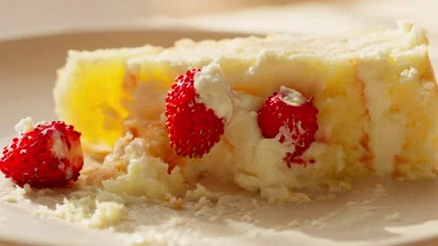 Tender sponge cake with cream and fresh wild strawberries Stock Footage 344571599