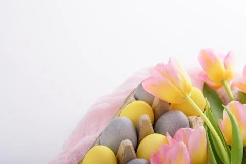 Tender spring Easter composition of paschal eggs pink tulips on white backgro Stock Photos