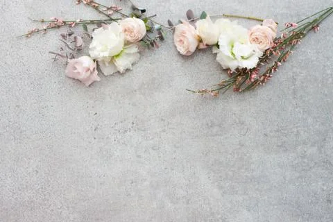Tender spring flowers on gray background, copy space. Stock Photos