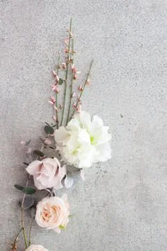 Tender spring flowers on gray background, copy space. Stock Photos