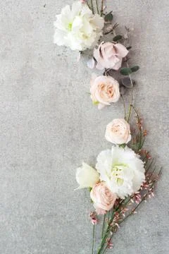 Tender spring flowers on gray background, copy space. Stock Photos