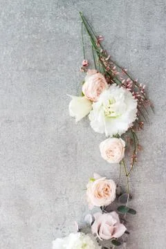Tender spring flowers on gray background, copy space. Stock Photos