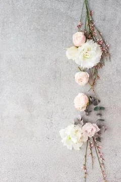 Tender spring flowers on gray background, copy space. Stock Photos
