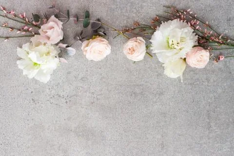 Tender spring flowers on gray background, copy space. Stock Photos