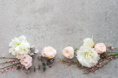 Tender spring flowers on gray background, copy space. Stock Photos