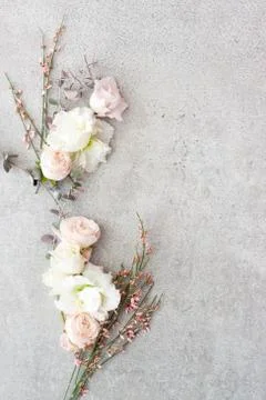 Tender spring flowers on gray background, copy space. Stock Photos