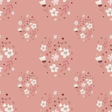Tender spring seamless nature pattern with white simple flowers silhouettes a Stock Illustration
