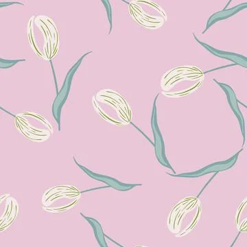 Tender style seamless nature pattern with white tulip flower silhouettes orna Stock Illustration
