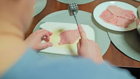 Tenderizing Raw Pork Cutlet With Meat Mallet Before Homemade Cooking Preparation Stock Footage 340890460