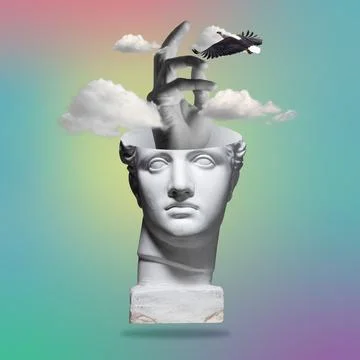 Tenderness. Contemporary art collage with antique statue head in a surreal style Stock Photos