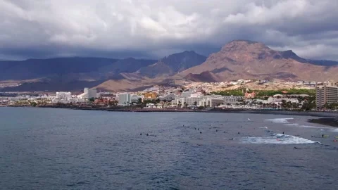 Tenerife, Drone view of the Playa De Las Americas beach Stock Footage 164854801