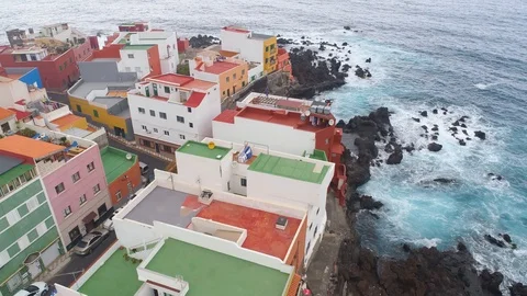 TENERIFE, PUNTA BRAVA, SPAIN - MAY, 18, 2018: Aerial view Atlantic ocean coast Stock Footage 97838524