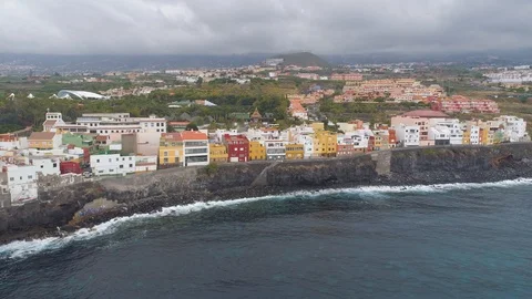 TENERIFE, PUNTA BRAVA, SPAIN - MAY, 18, 2018: Aerial view Atlantic ocean coast Stock Footage 97843283