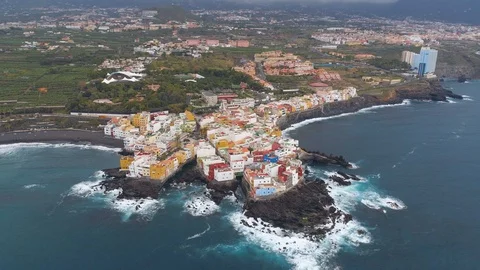 TENERIFE, PUNTA BRAVA, SPAIN - MAY, 18, 2018: Aerial view Atlantic ocean coast Stock Footage 97844756