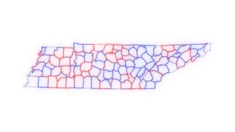 Tennessee county map red blue election outline white background seamless loop Stock Footage 343868105
