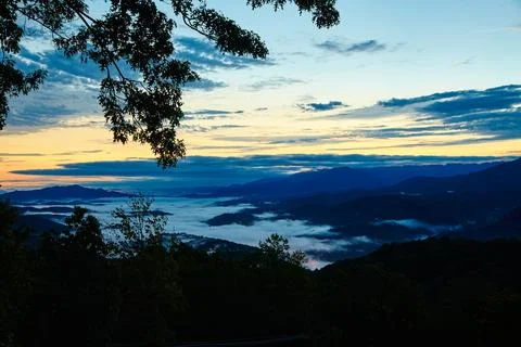 Tennessee Dawn with Cloud Inversion and Silhouetted Mountains Stock Photos