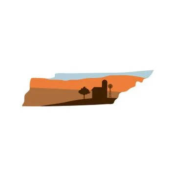 Tennessee State Shape with Farm at Sunset that has Windmill, Barn, and a Tree Stock Illustration