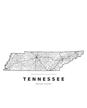 Tennessee TN Map Counties Highways Roads Black White Editable Vector Stock Illustration