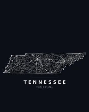 Tennessee TN Map Counties Highways Roads Dark Mode Editable Vector Stock Illustration
