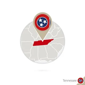 Tennessee US State map and flag in circle. Map of Tennessee, Tennessee flag.. Stock Illustration