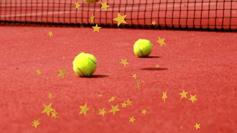 Tennis ball appearing and bouncing others entering forming group on court by net Stock Footage 332937296