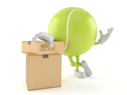 Tennis ball character with stack of boxes Stock Illustration