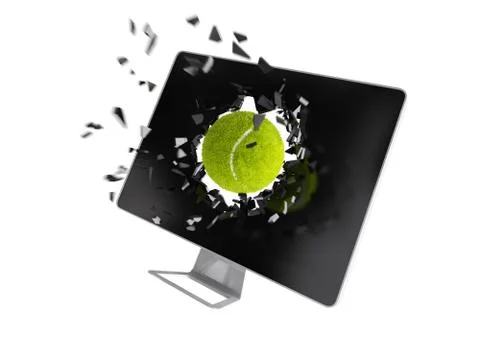 Tennis ball destroy computer screen. Stock Illustration