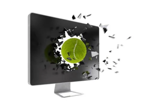 Tennis ball destroy computer screen. Stock Illustration