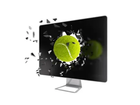 Tennis ball destroy computer screen. Stock Illustration