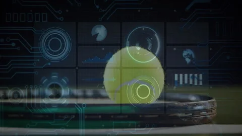 Tennis ball resting on racket strings while flat design HUD charts grid pulsing Stock Footage 307457153