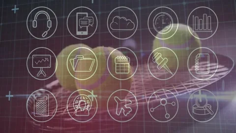 Tennis balls and racket strings blending with glowing tech icons over purple and Stock Footage 327202851