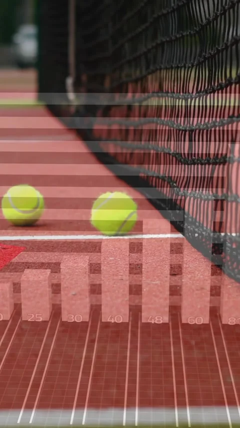 Tennis balls on court with data chart animation overlaying scene Vídeo Stock 319727891
