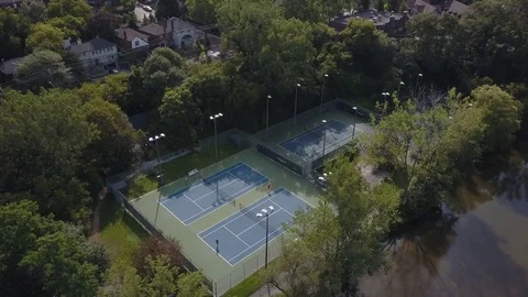 Tennis court aerial top view on blue court. Stock Footage