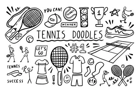 Tennis doodle elements set. Big tennis racket, tennis ball, winner cup. Hand Stock Illustration