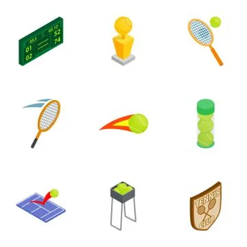 Tennis elements icons set, isometric 3d style Stock Illustration