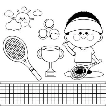 Tennis player boy. Vector black and white coloring page Stock Illustration