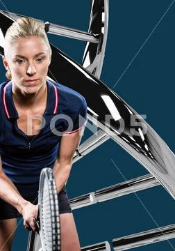 Tennis player with iron dna chain in a dark blue background Stock Photos