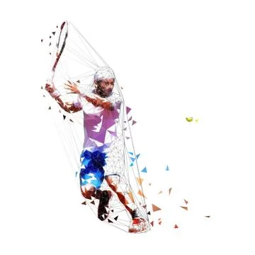 Tennis player low poly vector illustration. Isolated adult man in white shirt Stock Illustration