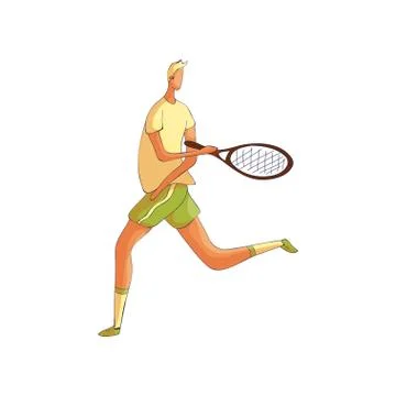 Tennis player runs with a racket. Vector illustration on white background. Stock Illustration