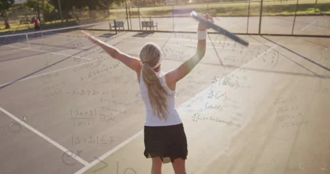 Tennis player serving ball on hard court, showing educational math equations Stock Footage 307442354
