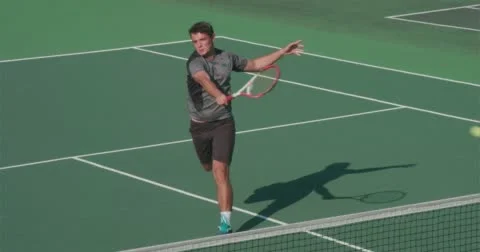 Tennis Player Volleys at Net and Celebrates. Vídeo Stock 59163087