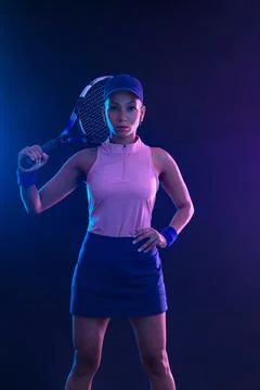 Tennis player woman with racket on tournament. Girl athlete with tenis racket on Stock Photos