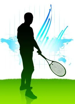 Tennis Player on World Map Background Stock Illustration