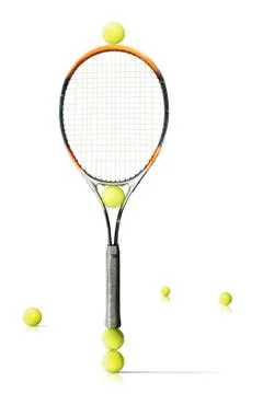Tennis racket and balls is the white background Stock Photos