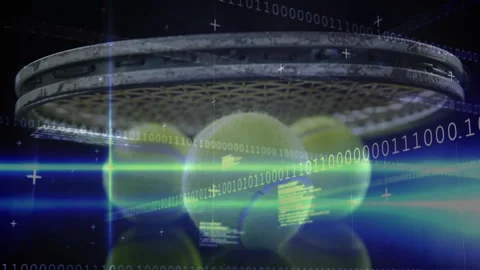 Tennis racket head hovering above three balls on reflective surface with binary Stock Footage 307456562