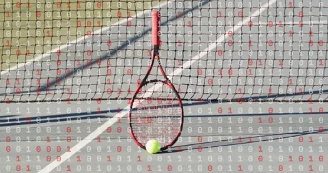 Tennis racket leaning vertically on hard court, displaying binary code overlay Stockbeeldmateriaal 307461015