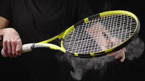 Tennis racket strings cut in slow motion. Player hands dusting 스톡 동영상 329095215